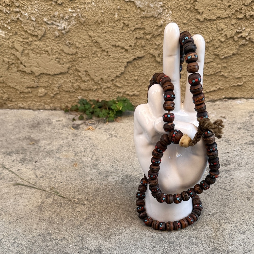 Vintage Wooden Mala with Turquoise Inlays